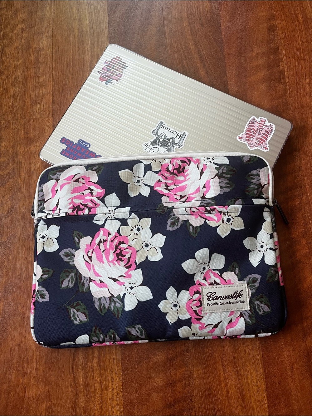 Canvaslife Floral Laptop Sleeve in Navy with Pink Roses